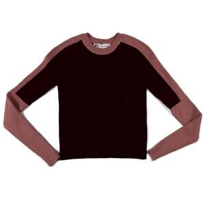 Zara Pink Maroon Block Ribbed Crew Long Sleeve Sweater Jumper Size S